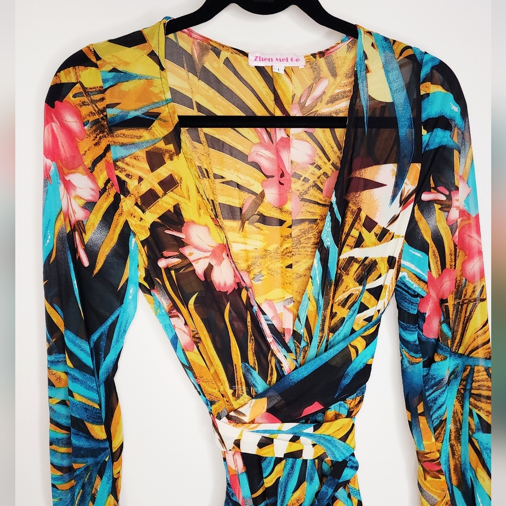 Sheer Tropical Print Long Sleeve Maxi Dress - Picture 4 of 10